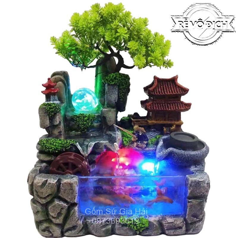 Thác Nước Phong Thuỷ Tiểu cảnh hòn non bộ mini để bàn trang trí chất liệu nhựa composit cao cấp 2 mái Y002