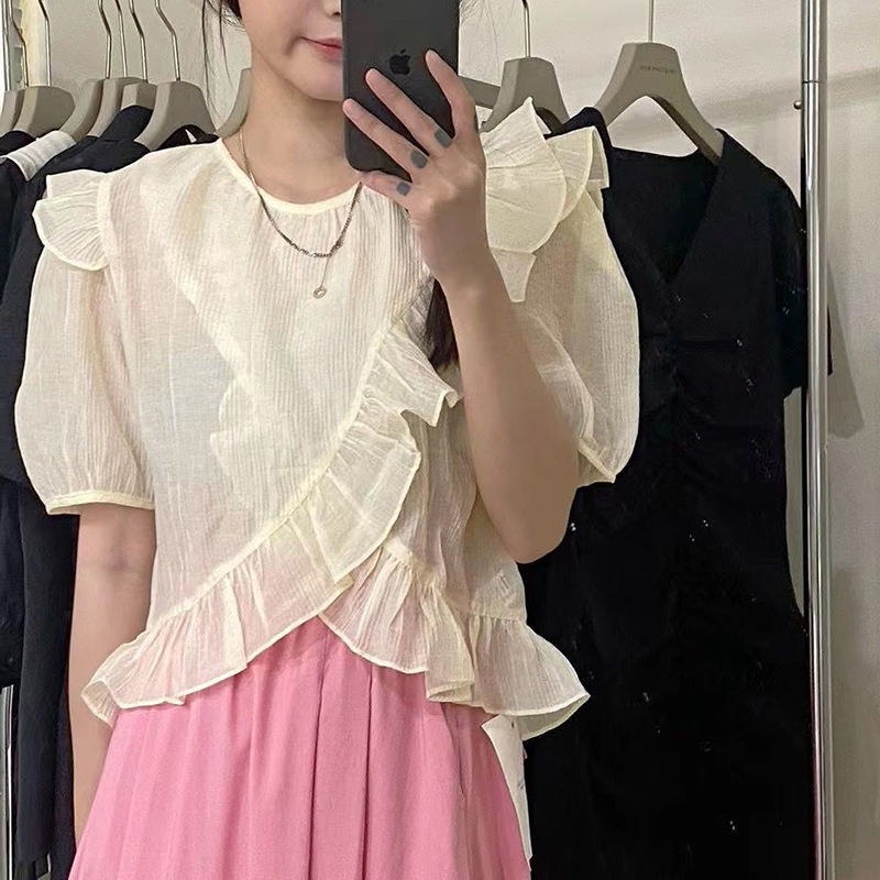 Áo Kiểu Tay Ngắn Phối Bèo Thời Trang Dành Cho Nữ