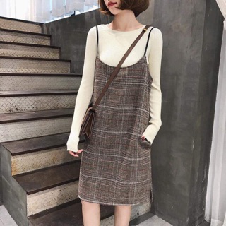 Set áo len + yếm dạ kẻ