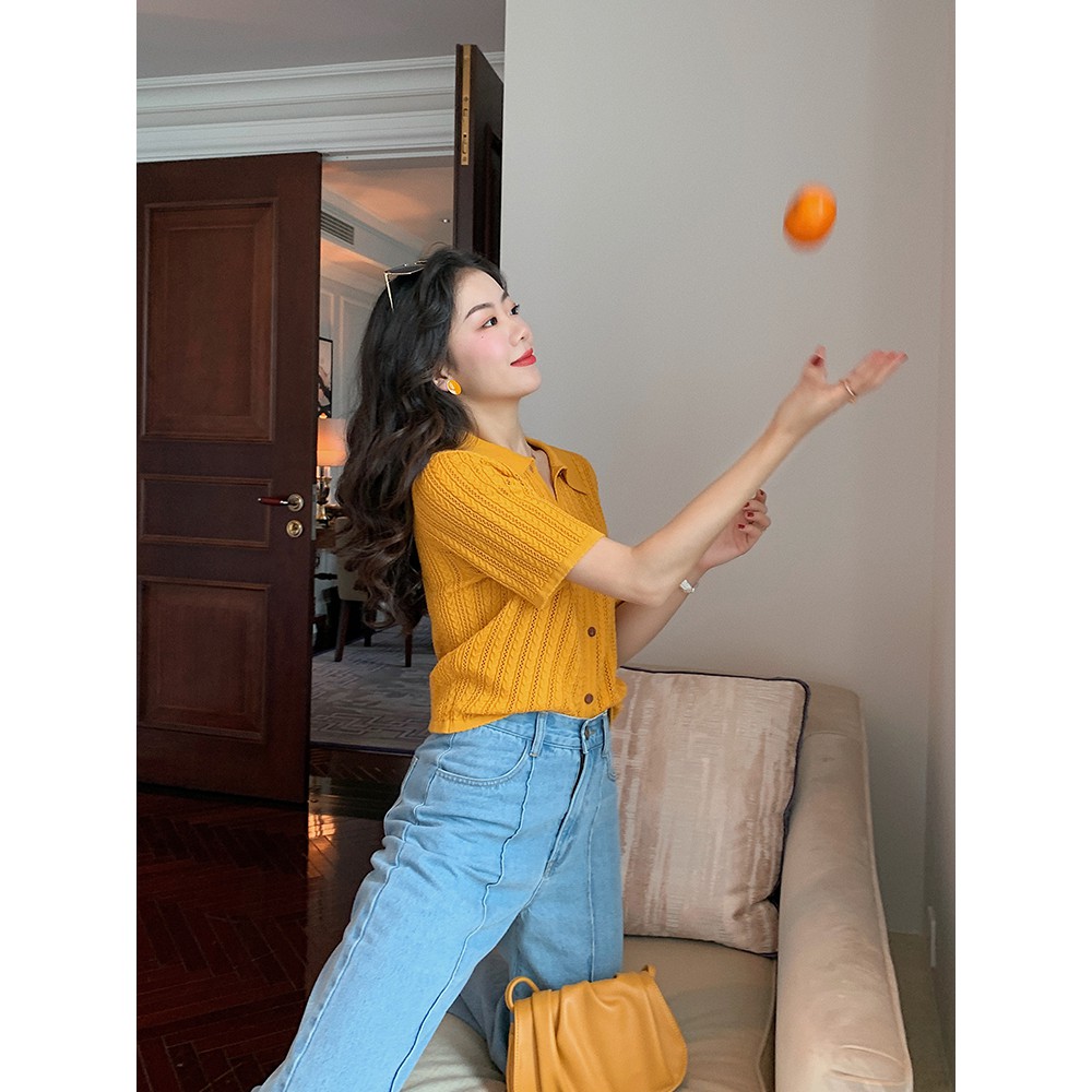 Áo dệt kim tay ngắn màu sắc đơn giản phong cách retro thời trang dành cho nữ