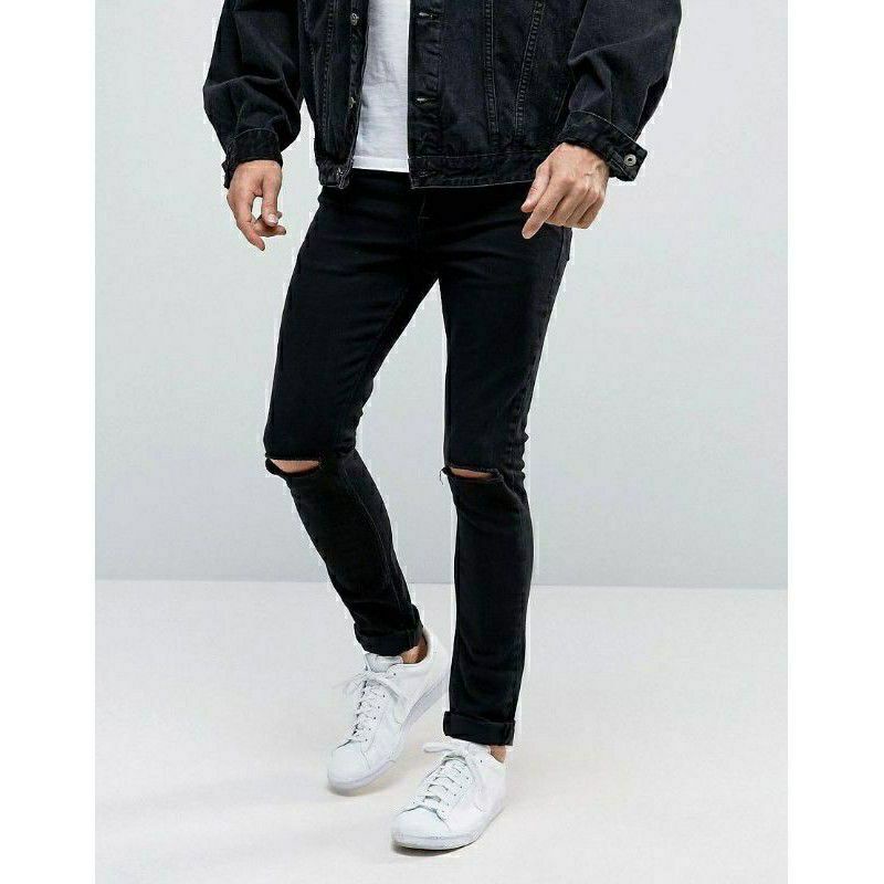 Quần Jeans Đen Rách Gối Ôm Sát Cho Nam