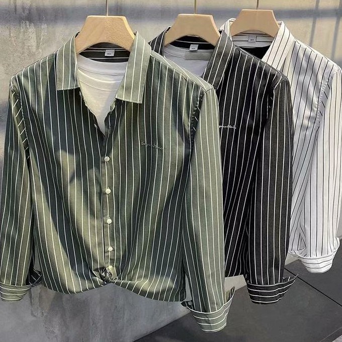 Áo Sơ Mi Dài Tay Họa Tiết Kẻ Sọc Thời Trang Mùa Hè Hàn Quốc Cho Nam Size S-2Xl