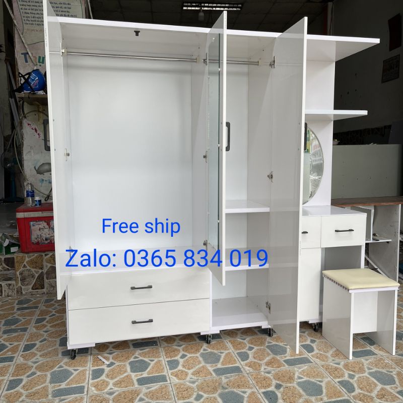 Tủ quần áo liền bàn trang điểm ngang 1m85 cao 1m8 tặng ghế nệm+ gương mày+ gương bên trong cánh tủ