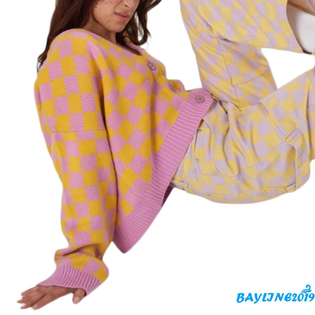 Áo khoác cardigan dệt kim tay dài cổ chữ V cài nút màu vàng tím cho nữ