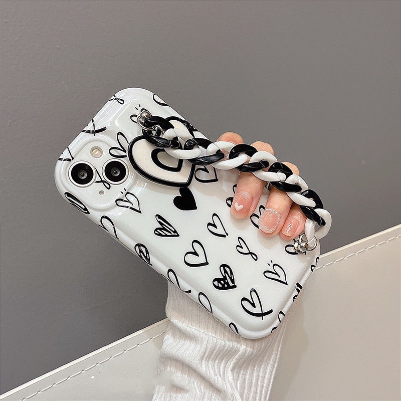 Ốp Điện Thoại Silicon Mềm Họa Tiết graffiti Gắn Dây Xích Hình Trái Tim Cho iPhone13promax/12 11 xs xr
