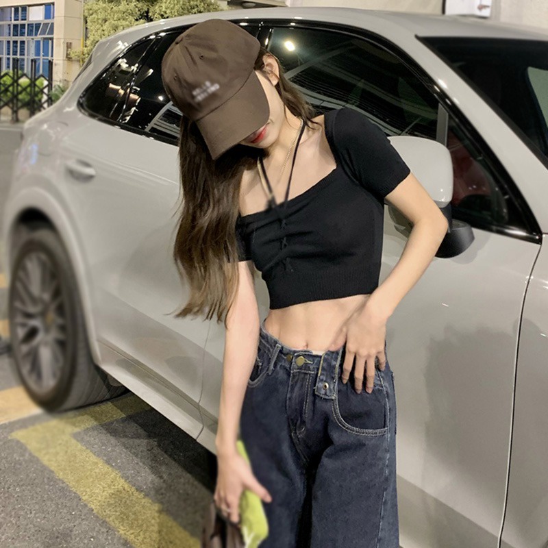 Áo Croptop Dệt Kim Cổ Vuông Màu Sắc Đơn Giản Cho Nữ