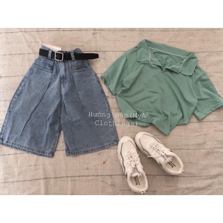 Set Quần ngố jeans lai cuốn + crop petter xanh