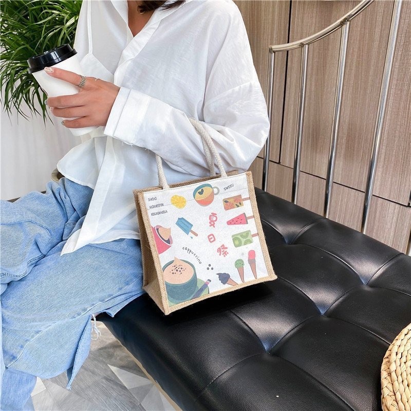 Túi cói mini quai xách du lịch đa năng in họa tiết xinh xắn có khóa kéo - Mã TC01