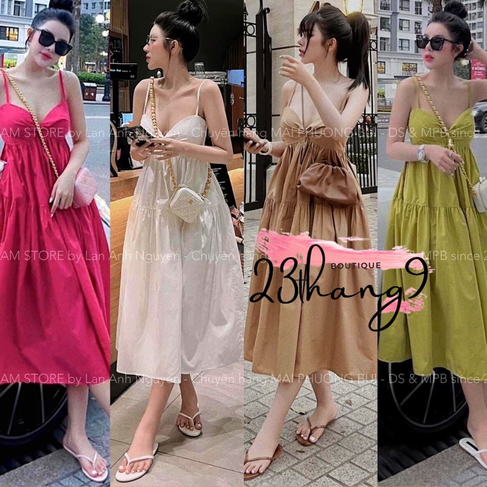 Váy nữ váy đi biển màu trắng màu hồng màu xanh chất thô cao cấp ngực may đệm mút đi tiệc đi phố freesize 23thang9