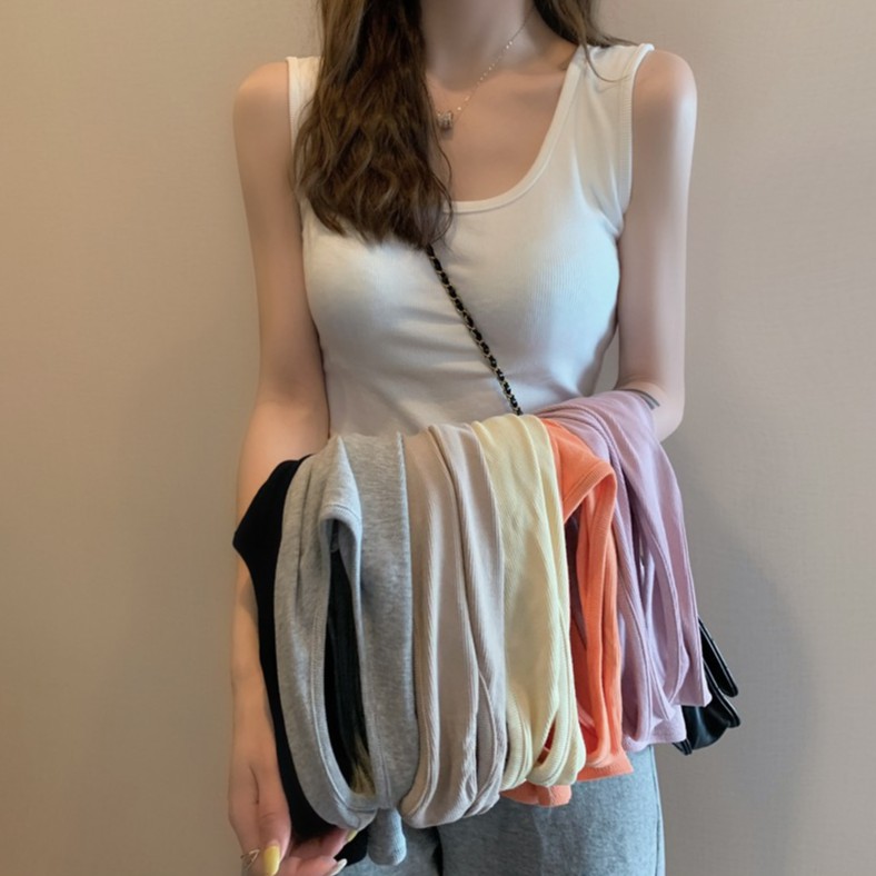Áo croptop Xiaozhainv hai dây cổ chữ U màu trơn phong cách Hàn Quốc
