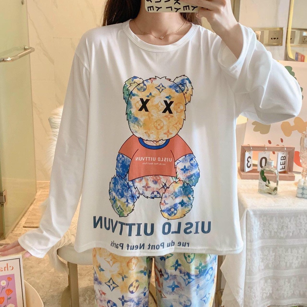 Set bộ đồ dành cho nữ, in hình gấu dễ thương, áo dài tay quần dài chất thun cotton mềm mại mát mẻ