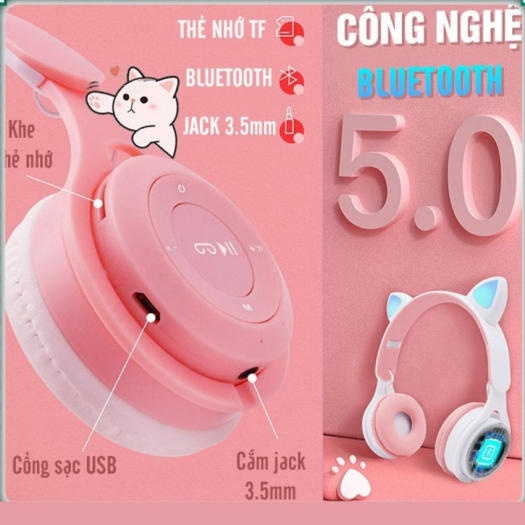 Tai Nghe Mèo Chụp Tai Bluetooth P47 - P47M Tai Mèo - Có Khe Cắm Thẻ Nhớ - Âm Thanh Bass Ấm Bảo Hành 6 Tháng