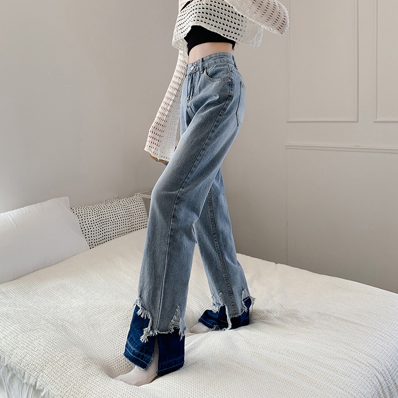 Quần jeans ZHELIHANGFEI dáng dài xẻ rách gấu thời trang phong cách cá tính cho nữ