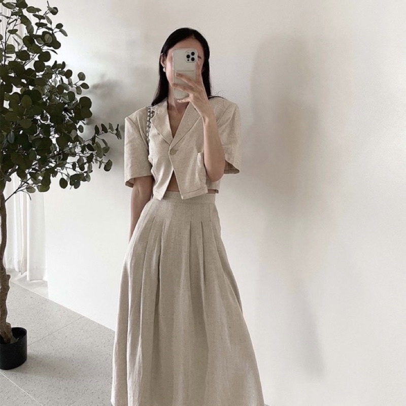 Chân váy xếp li dài chất đũi
