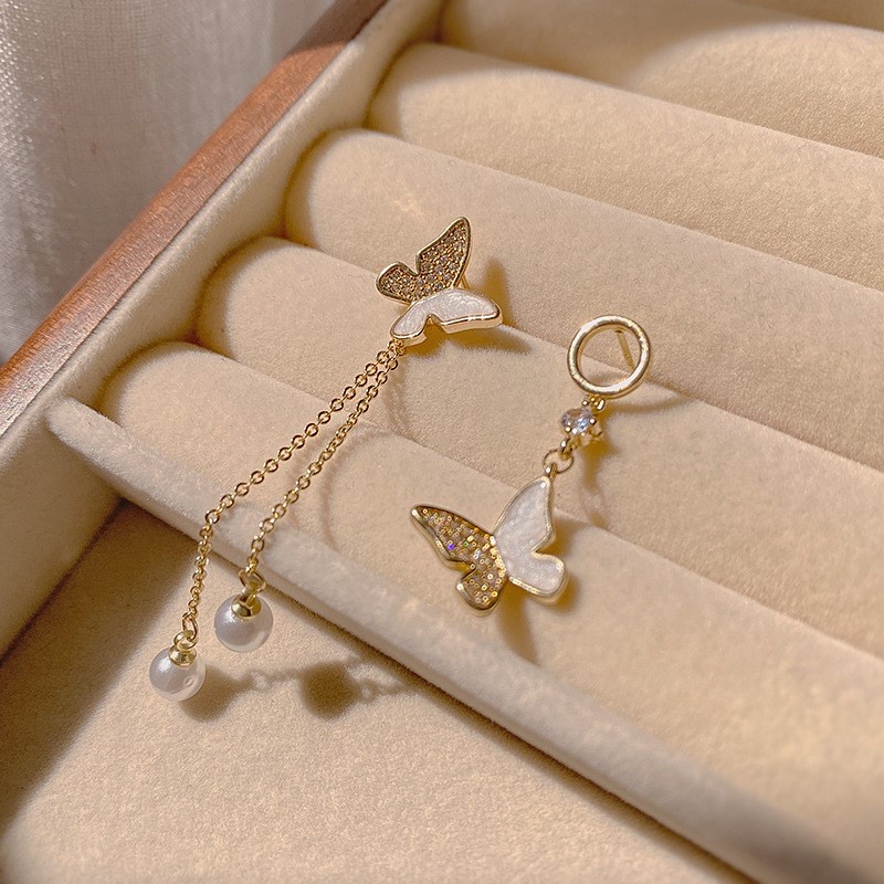 Khuyên Tai Dáng Dài Đính Ngọc Trai Hình Bướm Sang Trọng Phong Cách Hàn Quốc 2022