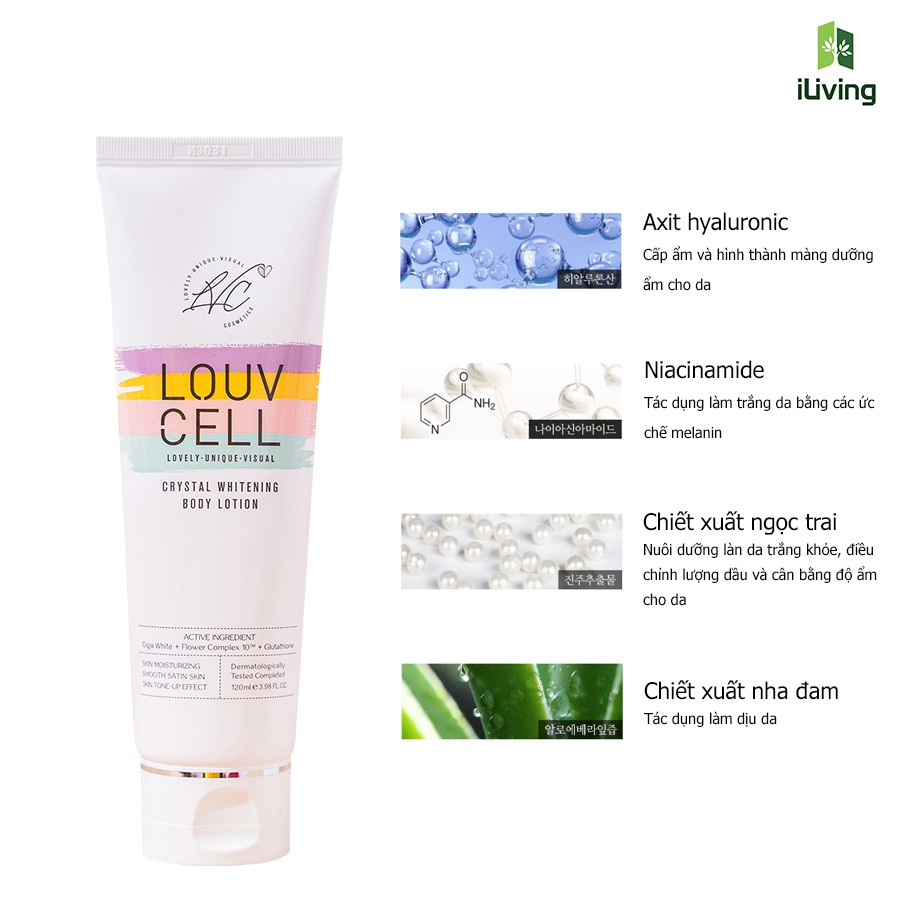 [Mã INCU50 giảm 50K đơn 250K] Kem dưỡng ẩm trắng da body Louv Cell Crystal Whitening Body Lotion 120ml ILIVING-LOUDTB120