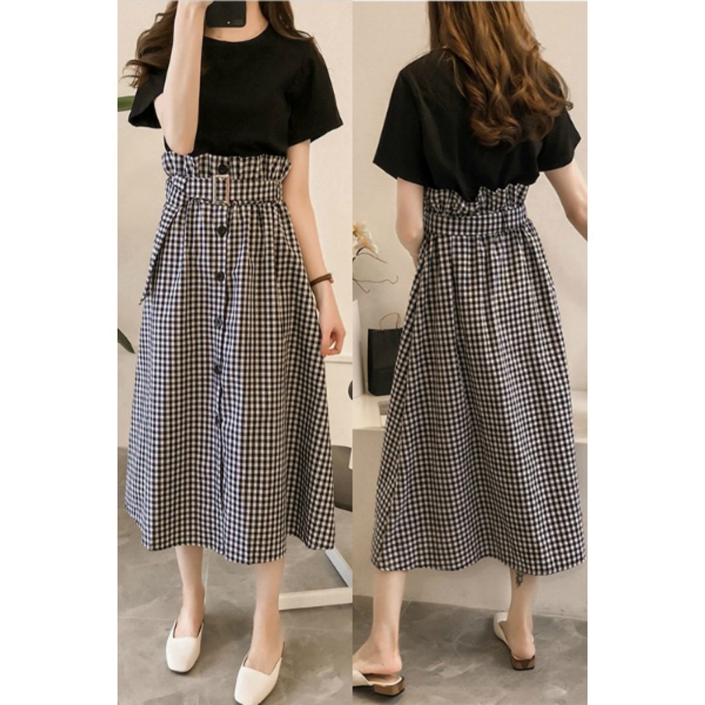 Bộ Trang Phục 2 Mảnh Gồm Áo Thun Tay Ngắn + Chân Váy Lưng Cao Kẻ Sọc Ca Rô Plus Size C1396