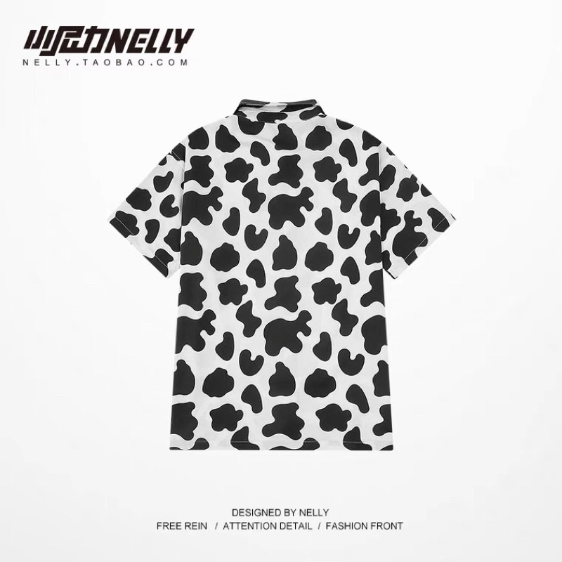 Áo sơ mi tay ngắn 7605 hoạ tiết bò sữa nelly Heybig dáng unisex form rộng 39 12