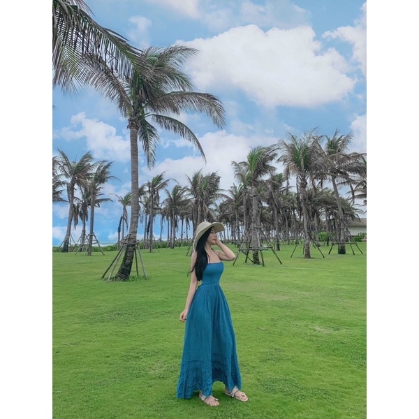 Đầm đũi maxi xoè nhún ngực chân bèo hở lưng Xanh Vàng váy đi chơi du lịch đi biển hotgirl tk đơn giản dịu dàng sexy