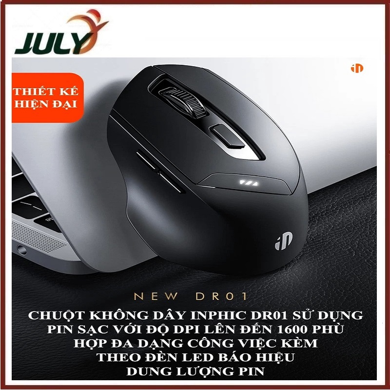 Chuột không dây INPHIC DR01 sử dụng pin sạc thiết kế hiện đại với độ DPI lên đến 1600 có đèn led báo hiệu dung lượng pin