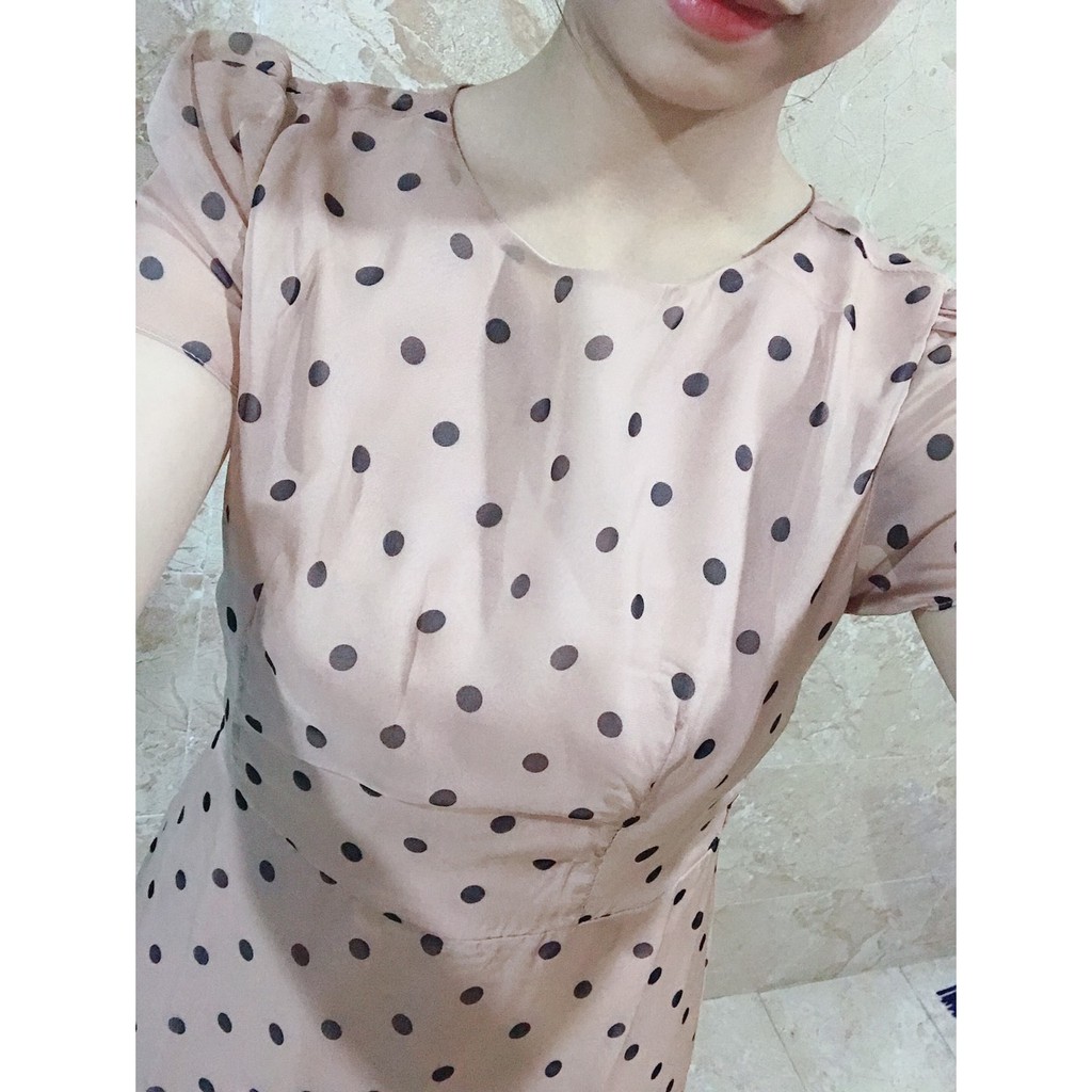 Váy nữ chấm bi nhỏ công sở, đầm thiết kế Hàn Quốc, màu nâu, chất tơ 2 lớp, dáng xuông siêu đẹp Cherry V008 | BigBuy360 - bigbuy360.vn
