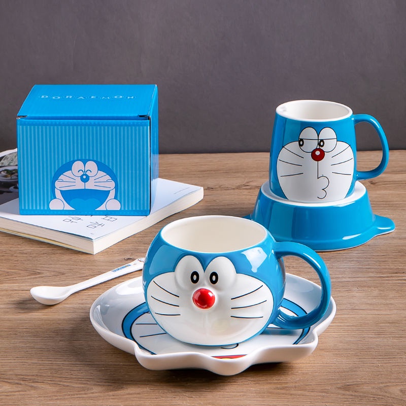 Cốc Nước ✢○Cốc Uống Nước Bằng Sứ In Hình Doraemon Kèm Nắp Và Muỗng Tiện Dụng