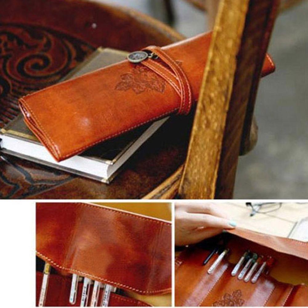 Túi Đựng Bút Bằng Da PU Dạng Cuộn Phong Cách Retro Cho Nữ