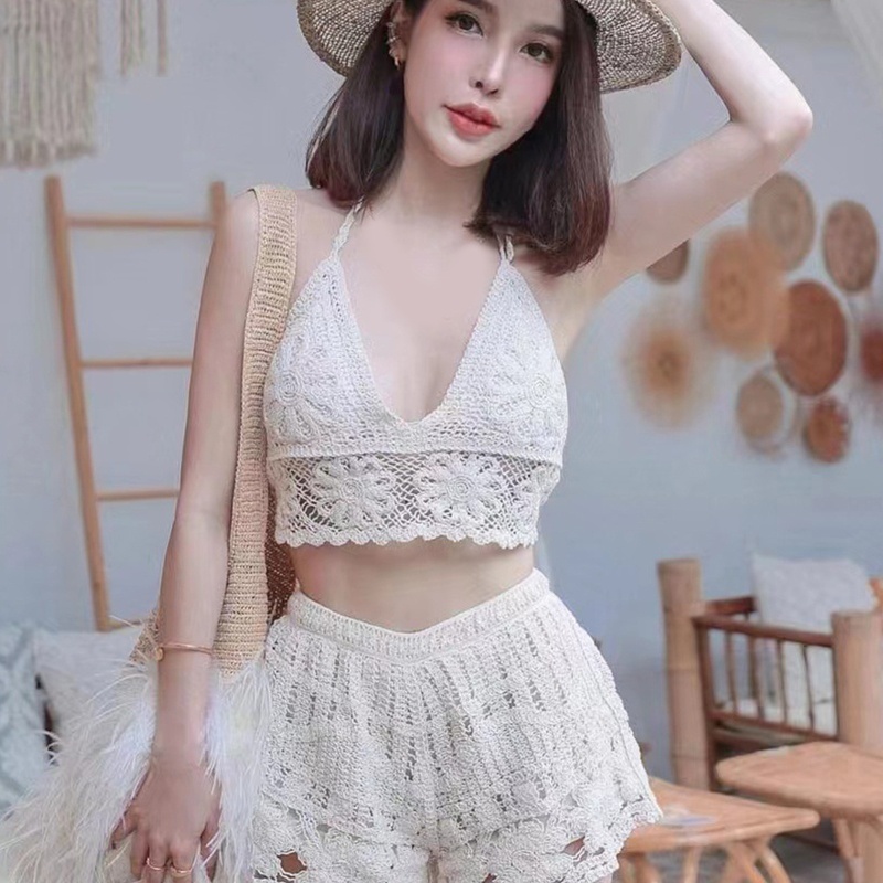 Youyo Áo Ngực Crop Top Dệt Kim Viền Hình Hoa Hướng Dương Khoét Rỗng Gợi Cảm Cho Nữ Spa