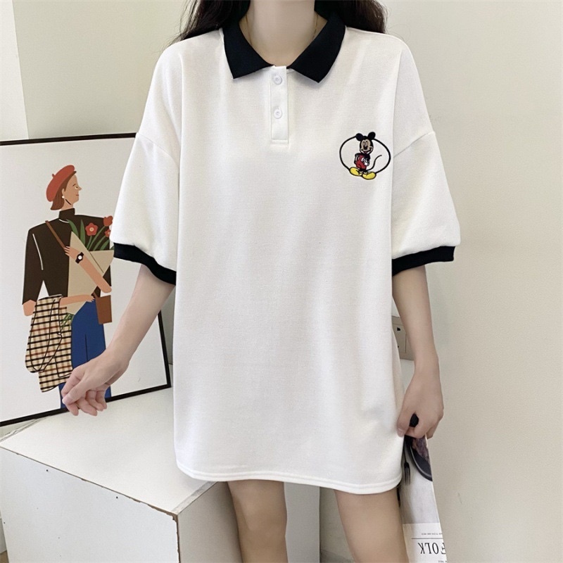 Áo Polo Cổ Bẻ Chuột Mickey Dáng Thụng Tay Lỡ