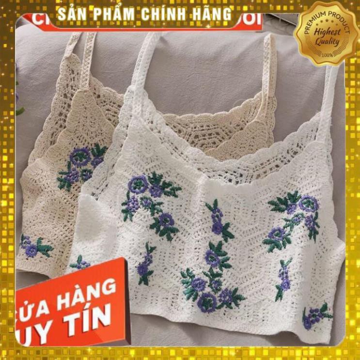 QUẢNG CHÂU ĐẸP ĐỘC LẠ Áo len đan móc nữ thêu hoa vintage 2 hai dây SIÊU HOT