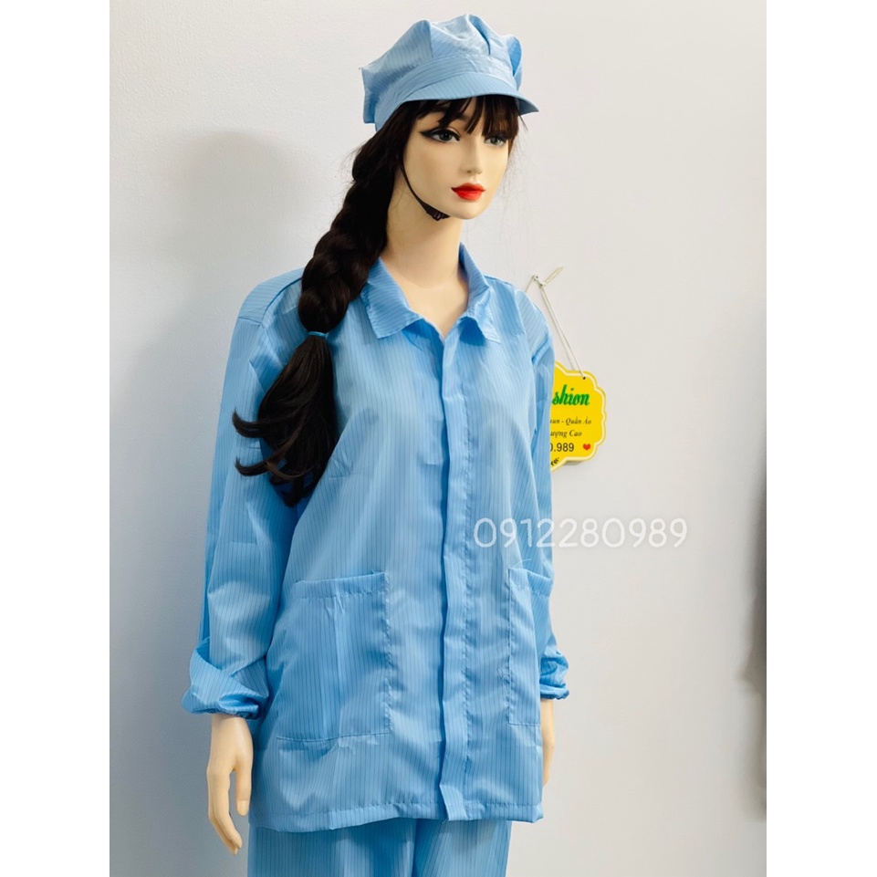 [Áo+Quần+Nón] Đồng phục phòng sạch màu xanh vải chống tĩnh điện tay dài cổ bẻ dây kéo _ Hình chụp thật