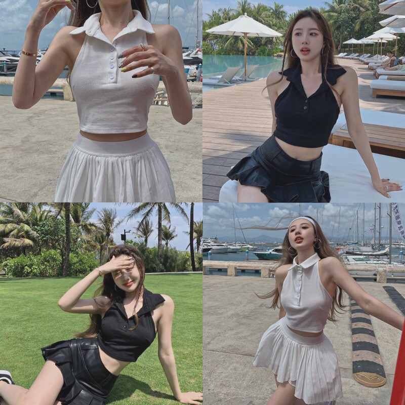 Áo croptop kiểu hở lưng cổ bẻ phối cúc phong cách gợi cảm màu đen trắng