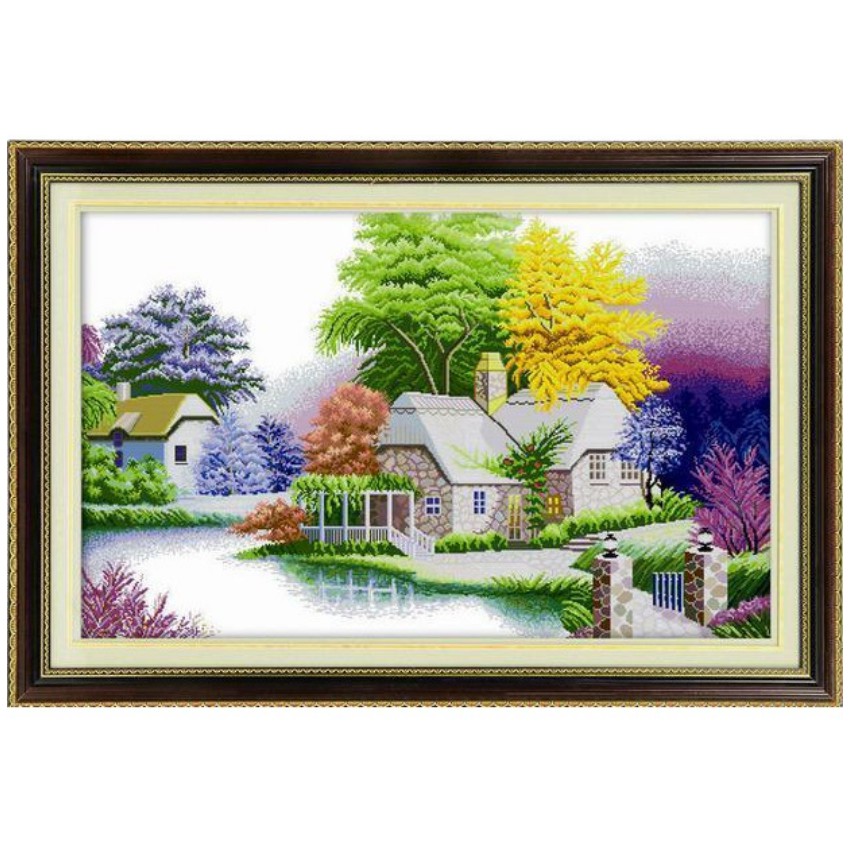 Tranh Thêu Chữ Thập PHONG CẢNH NGÔI NHÀ HẠNH PHÚC. Kích Thước: 1m09 x 70cm