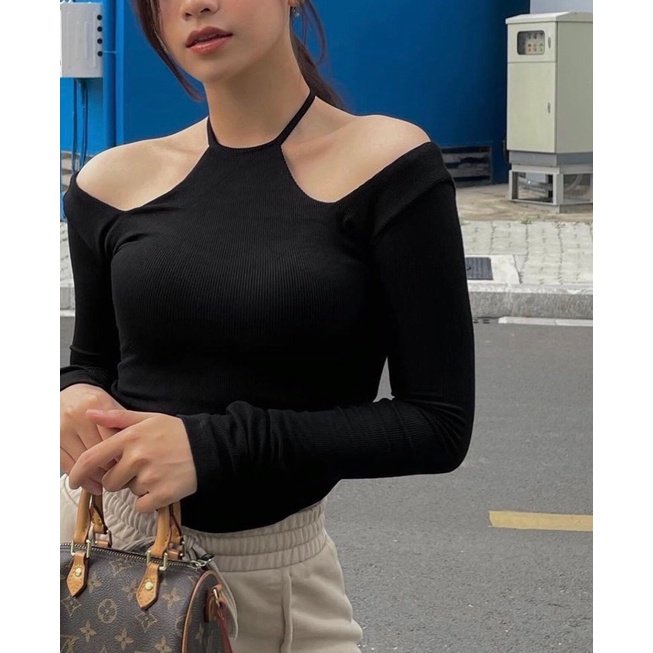 Áo cổ yếm croptop ôm body kiểu cột dây hở vai tay dài LOKISO CT14