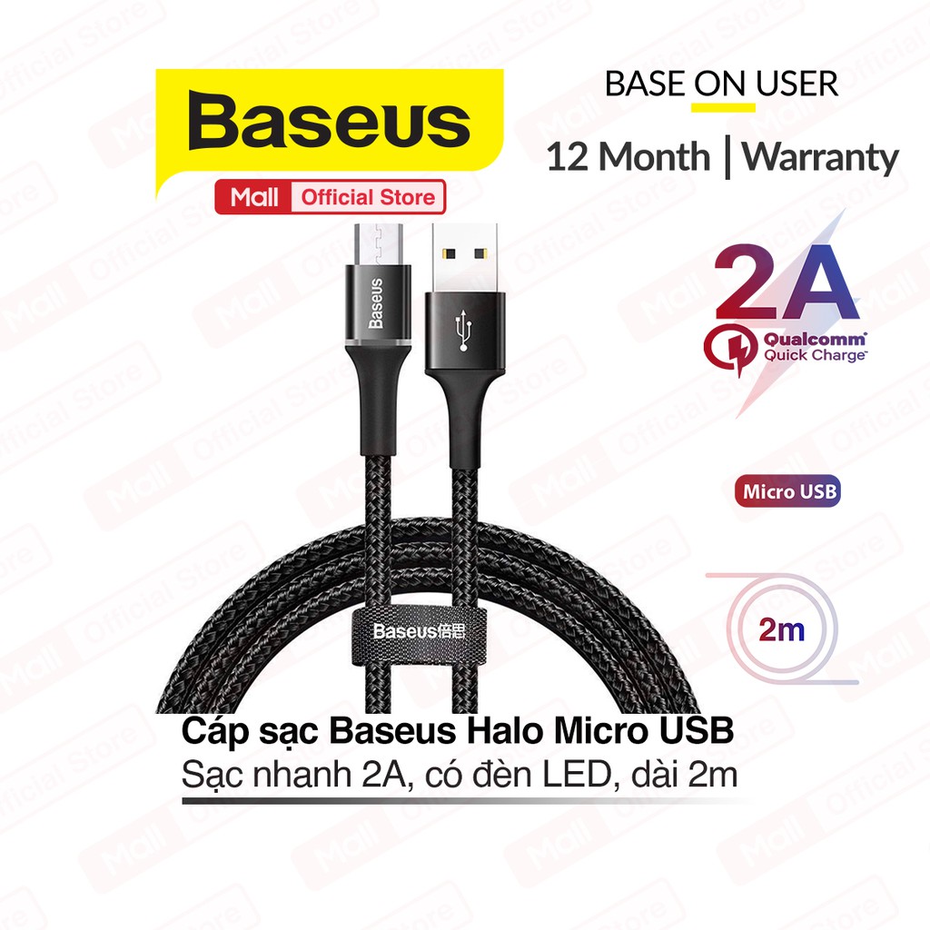 Cáp sạc nhanh siêu bền Baseus Halo Data Micro USB sạc nhanh 2A, Q,C 2.0 cho Samsung/ Xiaomi/ Oppo/ LG / Huawei dài 2m