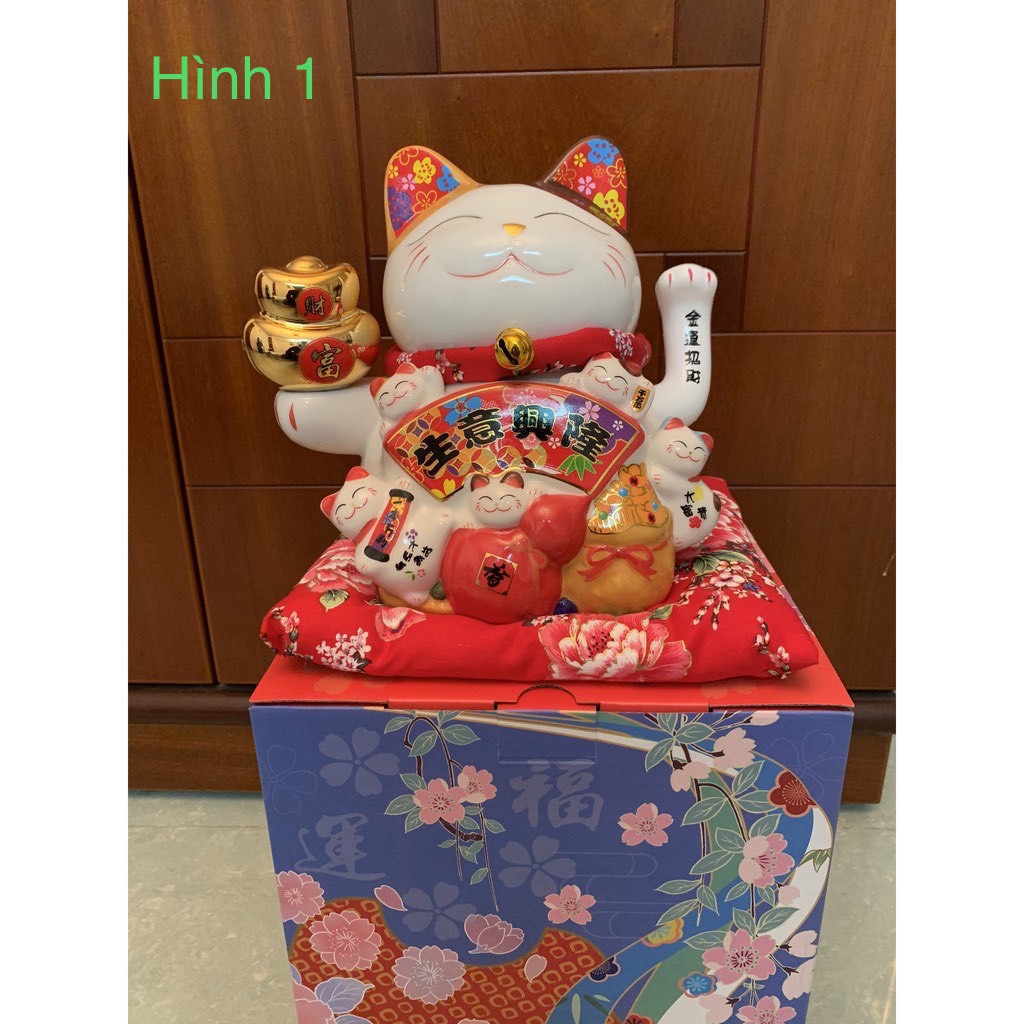 Mèo Thần Tài Sứ , Mèo May Mắn Maneki Neko cao 18cm . Vẩy Tay Gọi Khách BÁT PHƯƠNG KHAI TÀI