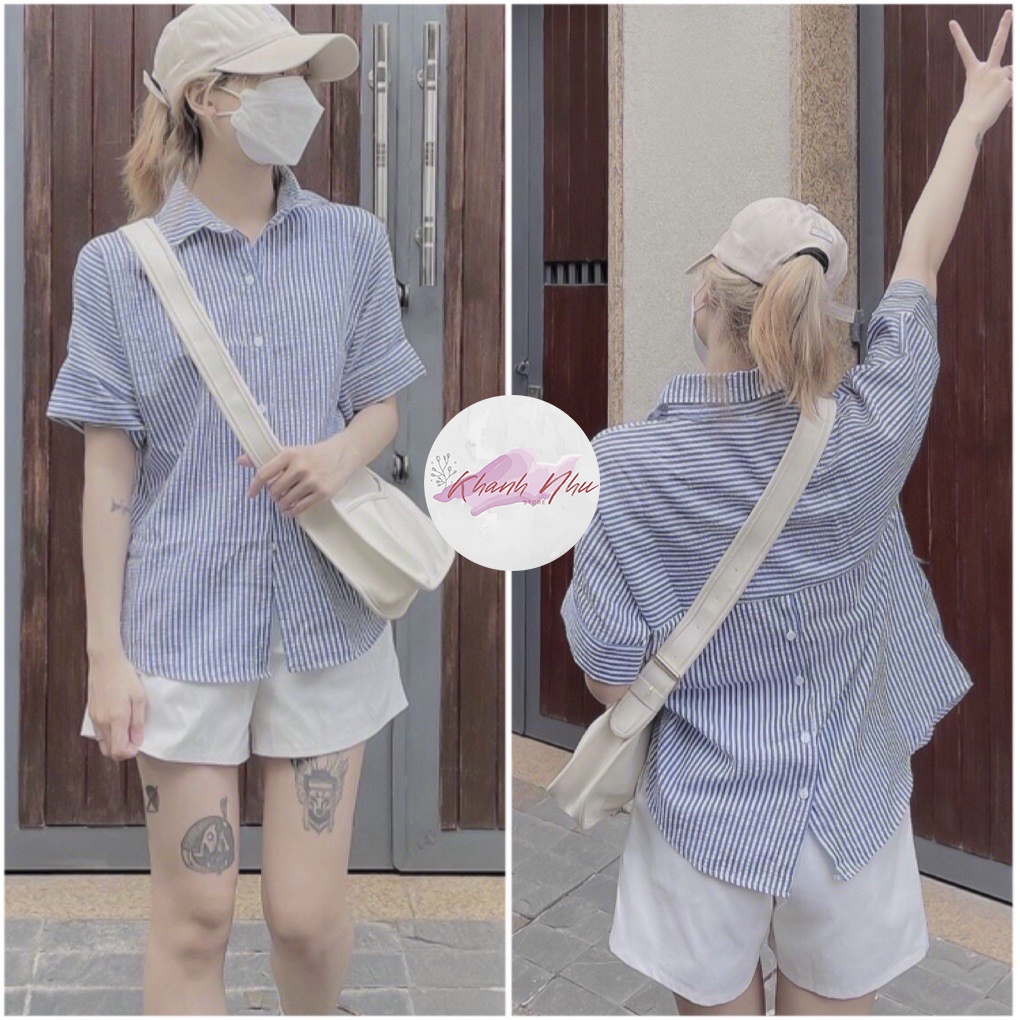 Set trang phục/bộ đồ gồm áo sơ mi kẻ sọc + quần soóc kaki trắng siêu xinh KHÁNH NHƯ STORE