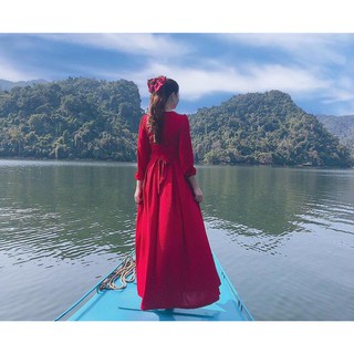 Set đầm đỏ dài+ cột tóc nơ