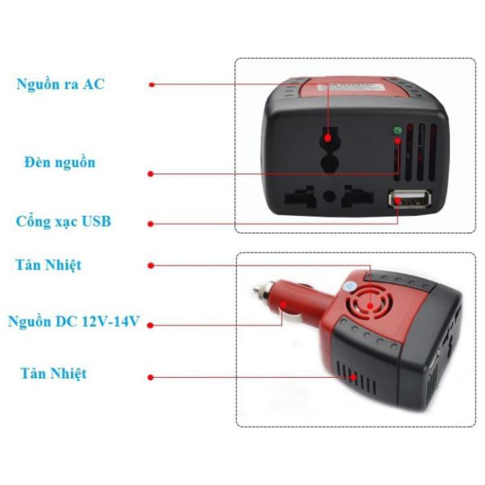 Bộ chuyển đổi nguồn 12V sang điện lưới 220V và cổng sạc usb dạng tẩu gọn gàng
