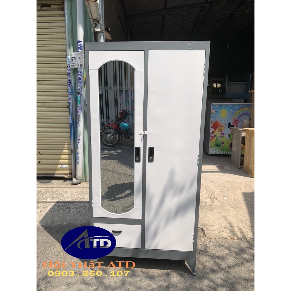 Tủ sắt 2 cánh đựng áo quần dày dặn màu trắng đen mới TPHCM