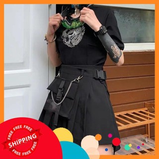 SET 2IN1 : QUẦN SHORT THÔ MIX CHÂN VÁY XẾP LY TÚI HỘP TẶNG KÈM ĐAI - DÂY XÍCH HOT Hot Trend 2020