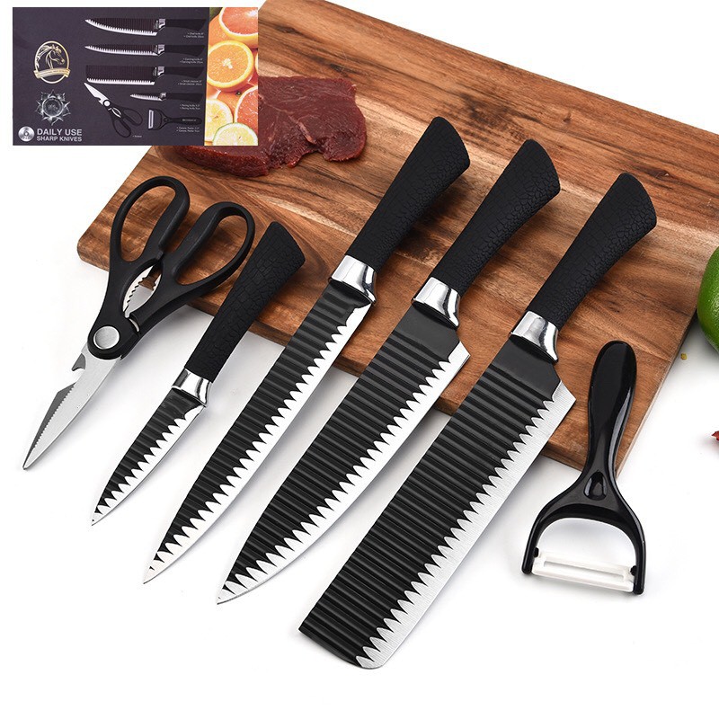 Bộ Dao Làm Bếp Lưỡi Sóng ASAKH 6 Món Công Nghệ Nhật, Chất Liệu Hợp Kim Cao Cấp Không Gỉ