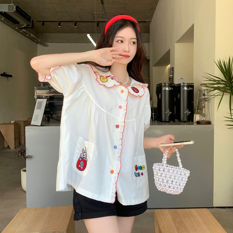 【ZHELIHANGFEI】Áo Sơ Mi Tay Phồng Cổ Búp Bê Thêu Họa Tiết Ngọt Ngào Dễ Phối Đồ