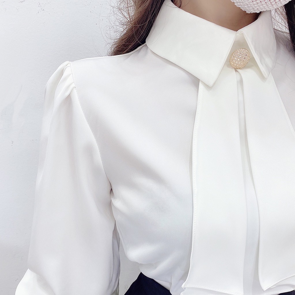 Áo sơ mi lụa cổ đức bèo yếm, áo thiết kế dài tay đính khuy A933 KYMIE