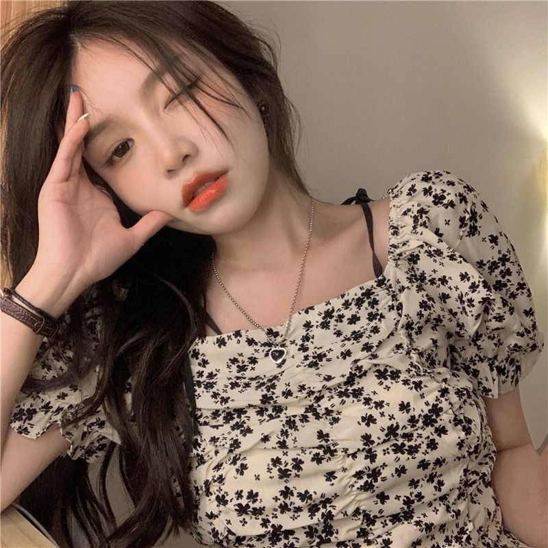 Áo chiffon in hoa tay ngắn trễ vai cho nữ