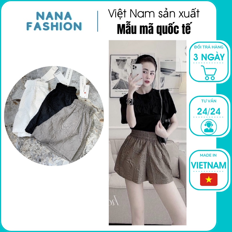 Quần short nữ ống rộng lưng cao cạp thun chun có túi in phồng hoa nổi - Quần đùi nữ mặc ở nhà đi ngủ thể thao đi biển
