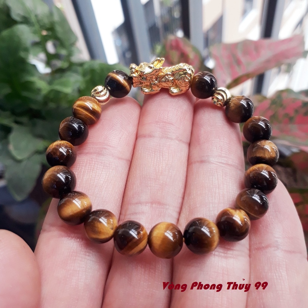 Vòng Tỳ Hưu Đá Mắt Hổ Vàng Nâu Mix Charm, Vòng Phong Thủy 99 Mệnh Kim, Mệnh Thổ