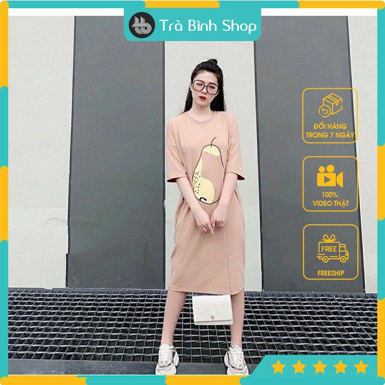 Đầm Suông Nữ Ngắn Tay Váy Dáng Dài In Họa Tiết Hình Hoa Quả Chất Thun Cotton Hàng VNXK