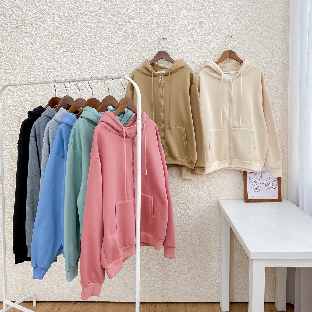 [HÀNG CÓ SẴN] Áo khoác nỉ dài tay May Boutique áo khoác kéo khóa cso mũ trơn màu basic AHZ21D_110.002