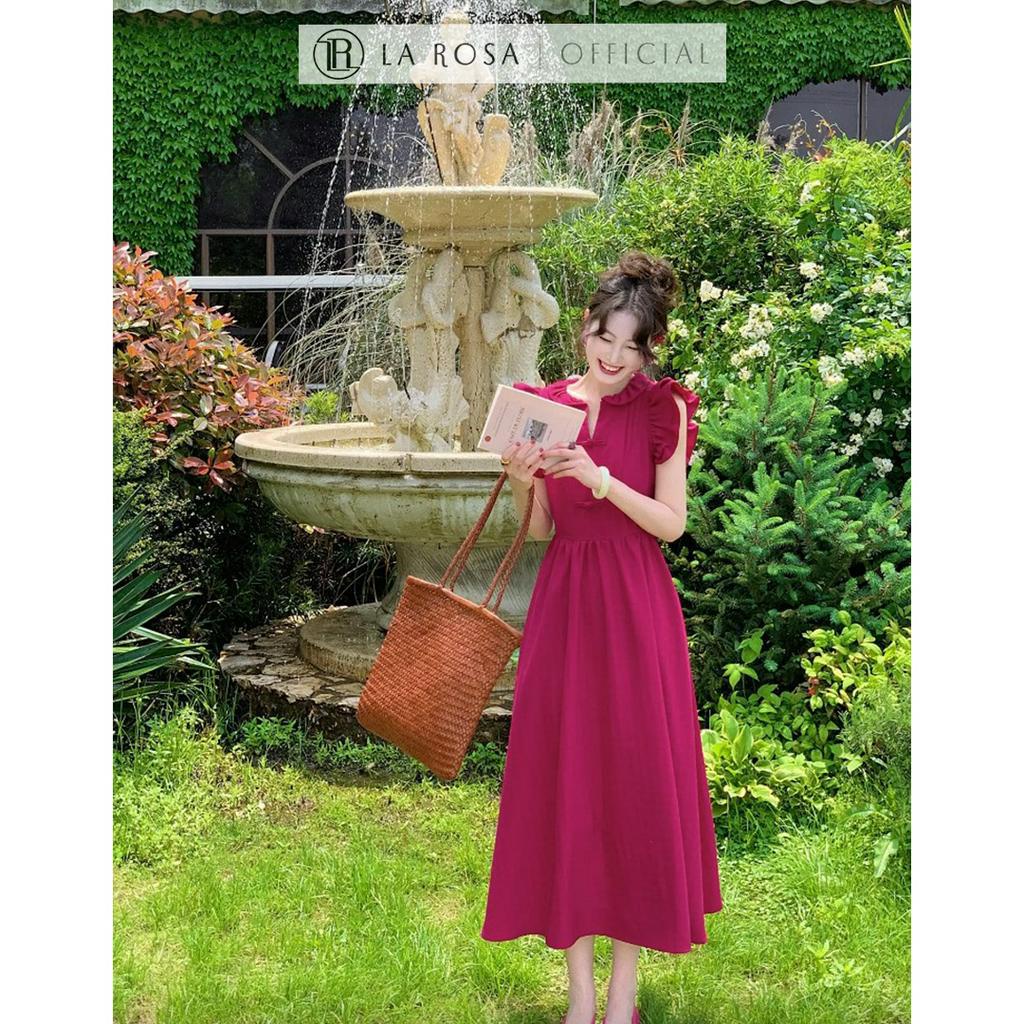 Váy Tiểu Thư Cổ Sen Xếp Li Tay Bèo Dáng Dài LAROSA Thiết Kế Đính Cúc Nơ Giả, Chất Liệu Mềm Mại, Thoáng Mát V1106